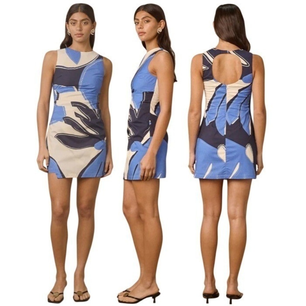 MON RENN Twilight Palms Mini Dress Blue White Abstract Cutout Back Size S NWT